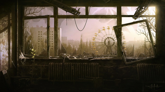 sunlight, Chernobyl, broken glass, artwork, ferris wheel, abandoned