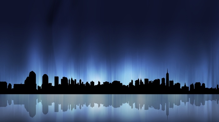 reflection, minimalism, skyscraper, blue, cityscape, silhouette, lights, digital art, building