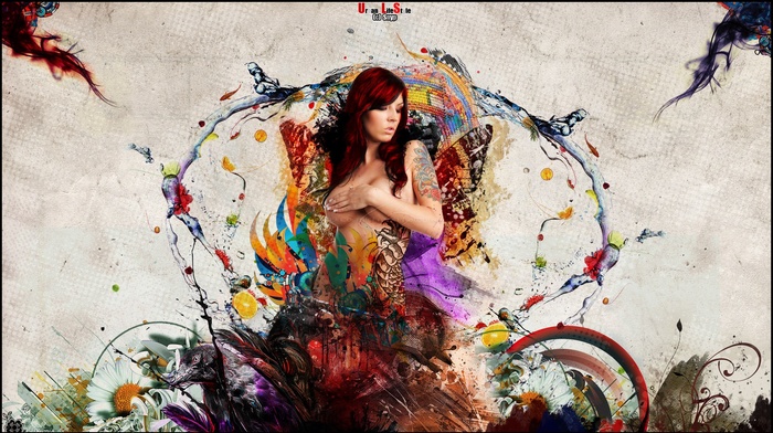 redhead, tattoo, digital art