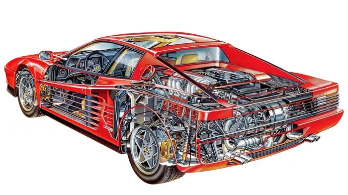 red cars, Ferrari Testarossa, gears, car, engines, wheels, sketches, white background, infographics, car interior