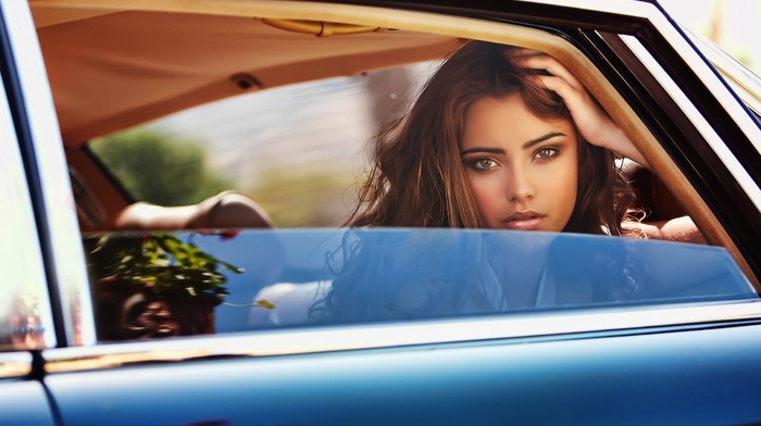 girl, brunette, girl with cars, looking at viewer, car