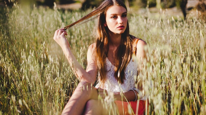 field, girl outdoors, girl, brunette