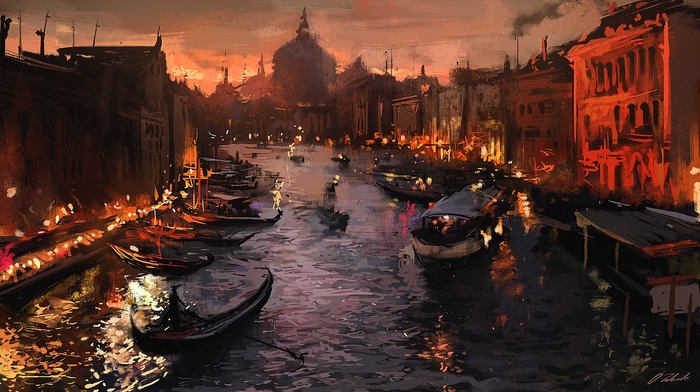 gondolas, artwork, painting, river, Italy, Venice