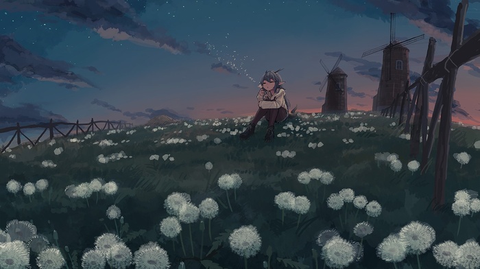 anime girls, landscape, flowers, stars, windmills