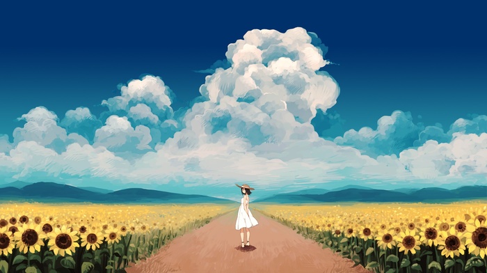 clouds, sunflowers, looking back, dress, anime girls