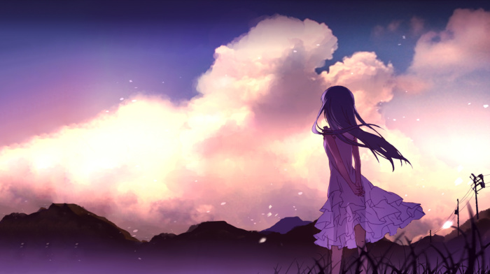anime, Honma Meiko, anime girls, sunset, Ano Hi Mita Hana no Namae wo Bokutachi w, dress, clouds