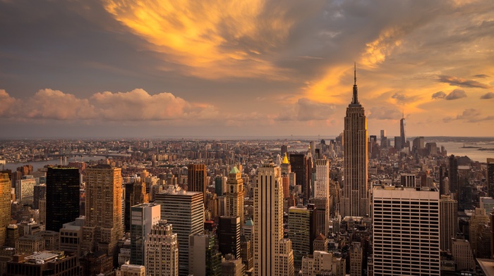clouds, sunset, city, Manhattan, New York City, landscape