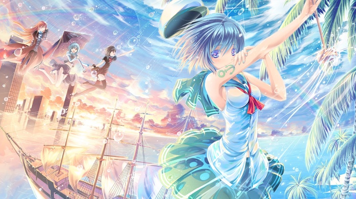 anime girls, ship, flood, artwork, sailors