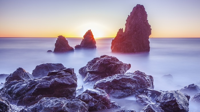 rock, sunset, clouds, landscape, water, mountain