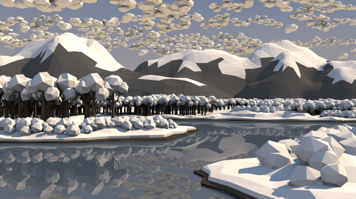 low poly, snow, reflection, nature, water, clouds, mountain, forest, trees