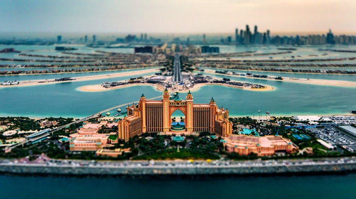 cityscape, island, sea, United Arab Emirates, hotels, architecture, tilt shift, Dubai