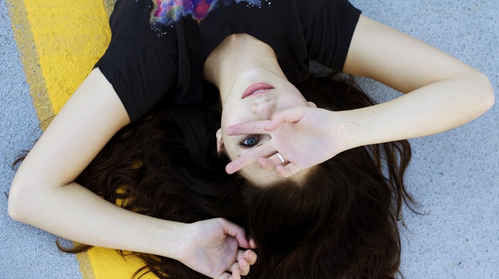 girl, emily rudd, T, shirt, peace, blue eyes, lying down, looking at viewer, brunette, long hair, smiling