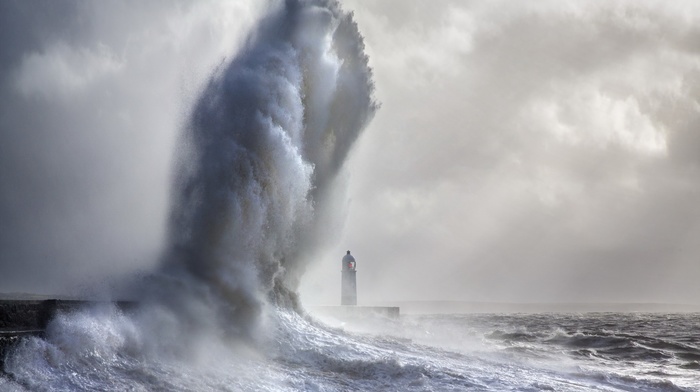 lighthouse, sea, Porthcawl Lighthouse, waves