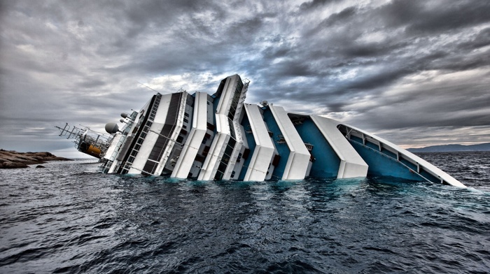 crash, cruise ship, disaster, ship, Costa Concordia, sinking ships, sea, clouds