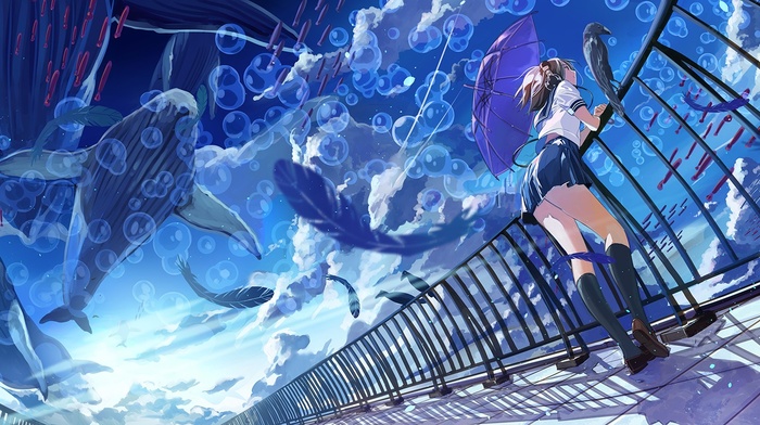 umbrella, bubbles, fish, anime girls, clouds, headphones, whale, school uniform