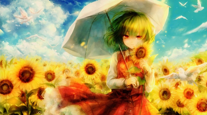 birds, anime girls, sunflowers, umbrella