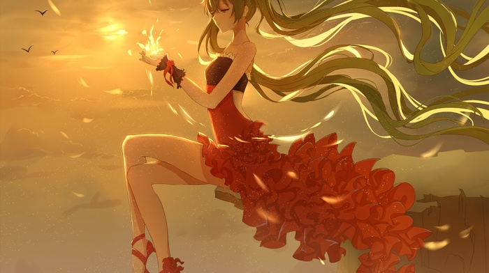 red dress, long hair, Vocaloid, twintails, flower in hair, sky, anime, birds, ribbon, anime girls, flower petals, clouds, Hatsune Miku