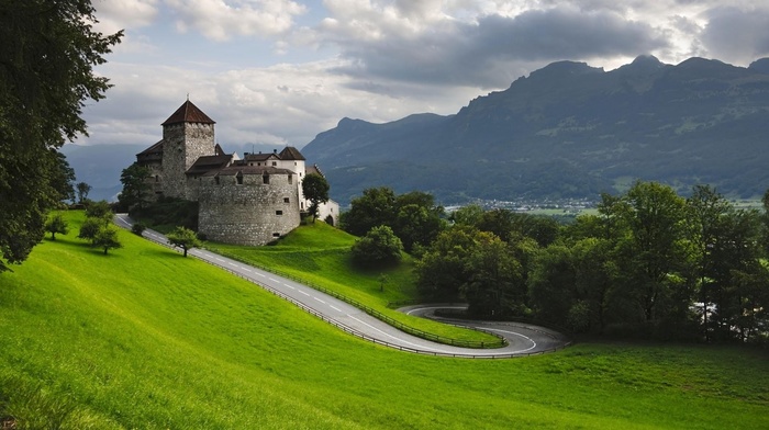 field, landscape, architecture, Liechtenstein, hill, castle, trees, nature, forest, grass, hairpin turns, mountain, clouds, road