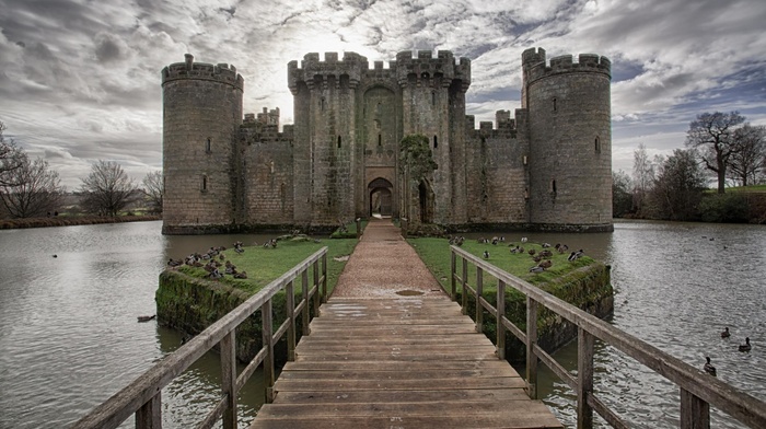 UK, tower, grass, water, trees, birds, landscape, duck, England, architecture, lake, clouds, wooden surface, pier, castle, nature