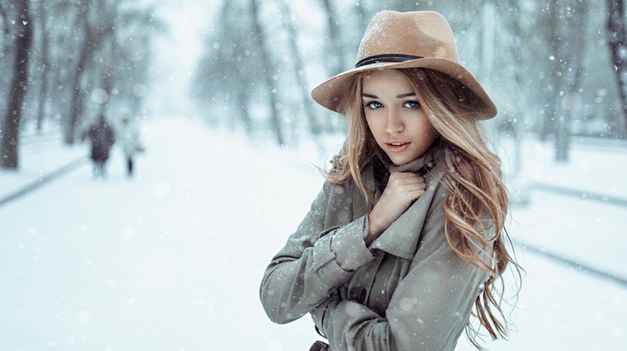 snow, open mouth, winter, cold, girl outdoors, long hair, girl, trees, blonde, looking at viewer, model, park, blue eyes, coats