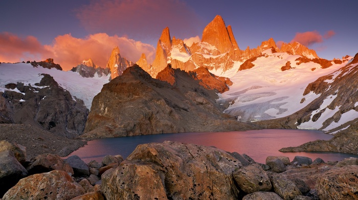 nature, South America, rock, landscape, mountain, Chile, snow, lake, water, sunset, clouds