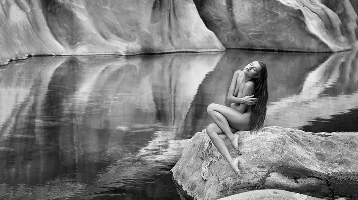 rock, monochrome, girl, nature, nude, brunette, long hair, model, closed eyes, sitting, girl outdoors, water, strategic covering, reflection