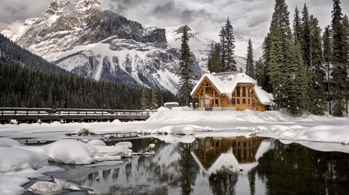 lake, trees, water, Canada, British Columbia, landscape, winter, snow, house, forest, reflection, ice, nature, mountain, clouds