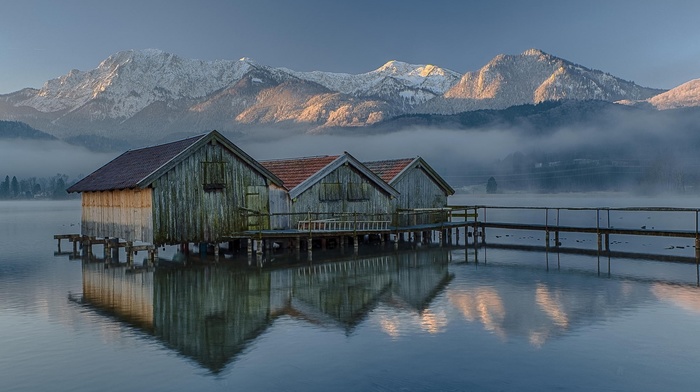 house, mist, snow, sunlight, water, Germany, pier, landscape, lake, trees, nature, forest, reflection, mountain