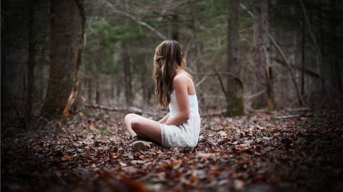 forest, fall, leaves, nature, model, trees, brunette, long hair, sitting, girl