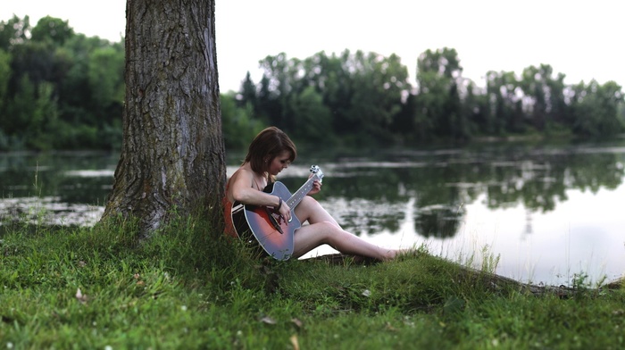 forest, brunette, nature, model, sitting, water, trees, grass, barefoot, guitar, long hair, girl, playing