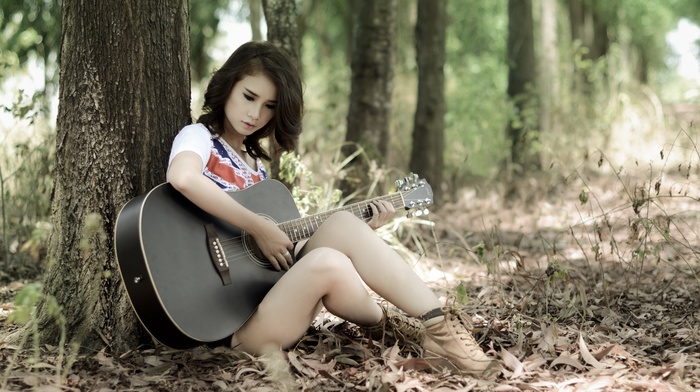 legs, long hair, girl, nature, guitar, sitting, model, looking down, girl outdoors, Asian, T, shirt, leaves, playing, trees, musicians, forest