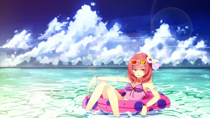 Nishikino Maki, Love Live, lens flare, sea, anime girls