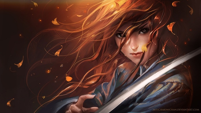 fantasy art, long hair, anime, blades, redhead, DeviantArt, samurai