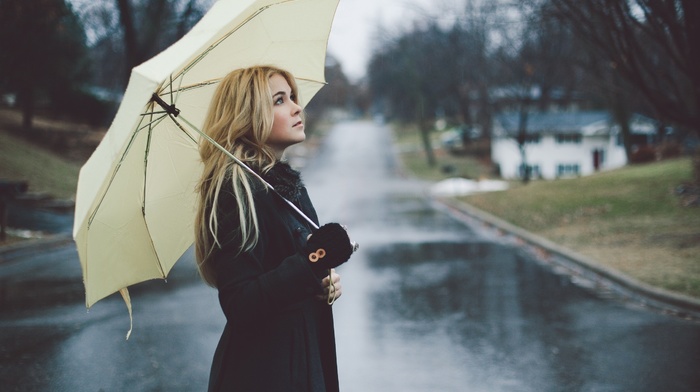 street, rain, umbrella, long hair, Lenay Dunn, girl, blonde