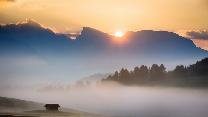 mist, Italy, morning, clouds, sunrise, mountain, forest, trees, landscape, nature, hill, house