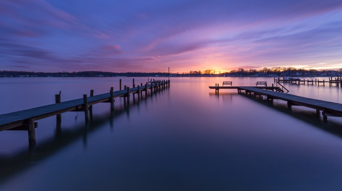 long exposure, branch, clouds, trees, landscape, USA, pier, house, water, wood, Maryland, sunset, nature