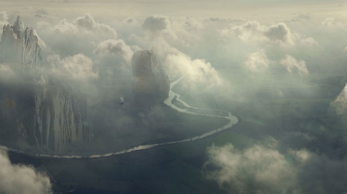 landscape, clouds, airships, fantasy art, digital art, artwork