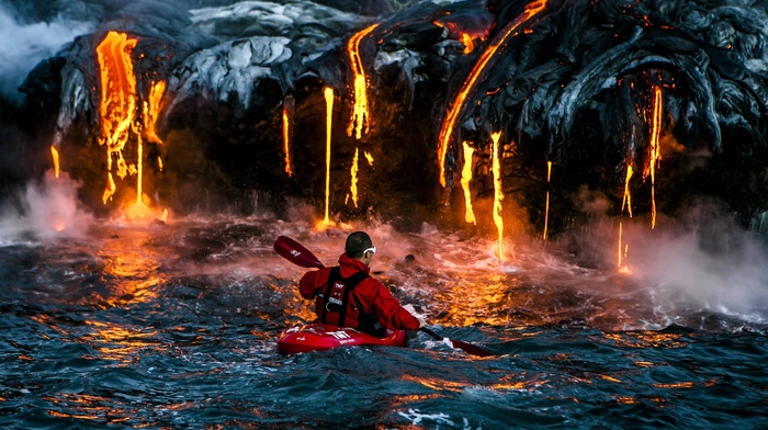 water, danger, men, landscape, kayaks, lava, nature, smoke, sports, volcano, sea