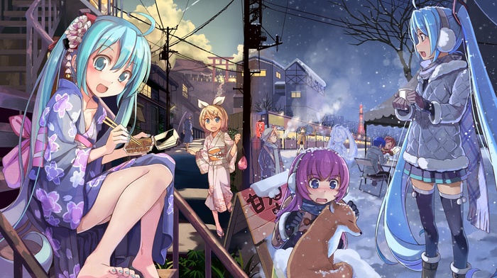 winter, Vocaloid, kimono, Kagamine Rin, snow, animals, Hatsune Miku, Megurine Luka