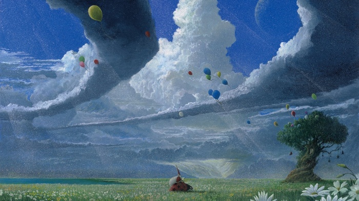 fantasy art, plains, clouds, flowers, balloons, wizard
