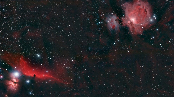 stars, nebula, black, space, red, Orion, NASA