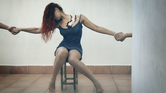 redhead, long hair, chair, tiles, brunette, open mouth, barefoot, girl, sitting, holding hands, model, photo manipulation