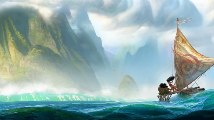 boat, sea, Moana, landscape, fantasy art