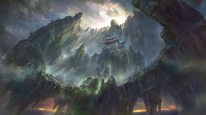 digital art, waterfall, pagoda, mountain, artwork, fantasy art, Asian architecture, rock formation