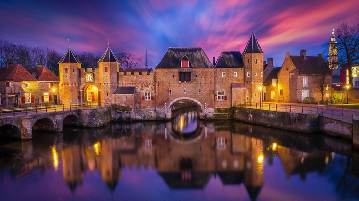 long exposure, castle, lights, clouds, architecture, reflection, Europe, sunset, nature, bridge, landscape, Netherlands, tower, water