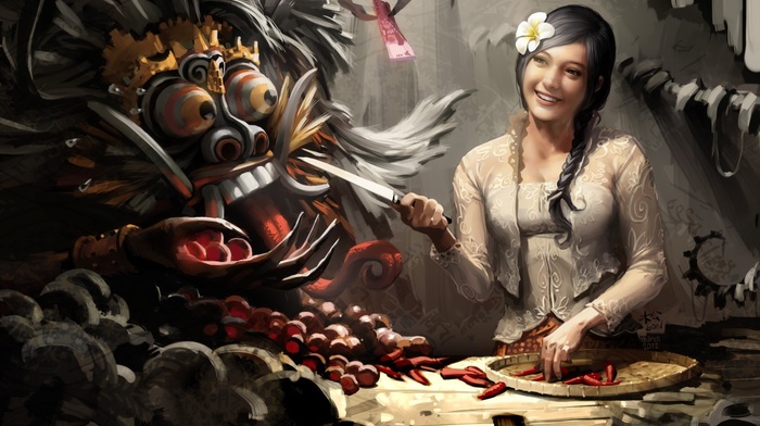knife, braids, fantasy art, Bali, flower in hair, Indonesia, artwork