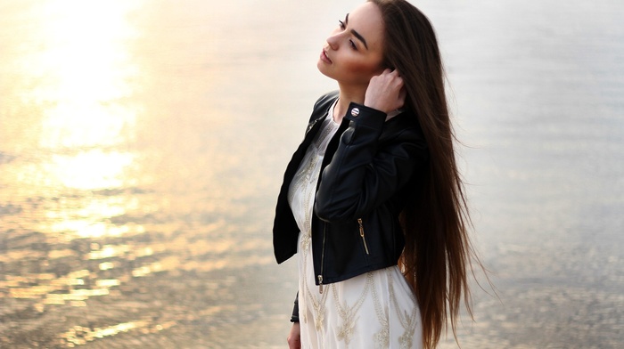 girl, brunette, long hair, open mouth, girl outdoors, leather jackets, white dress, sunlight, water, model