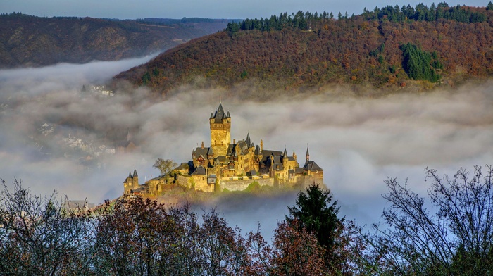 fall, castle, tower, forest, town, nature, mist, church, landscape, Germany, architecture, house, trees, hill