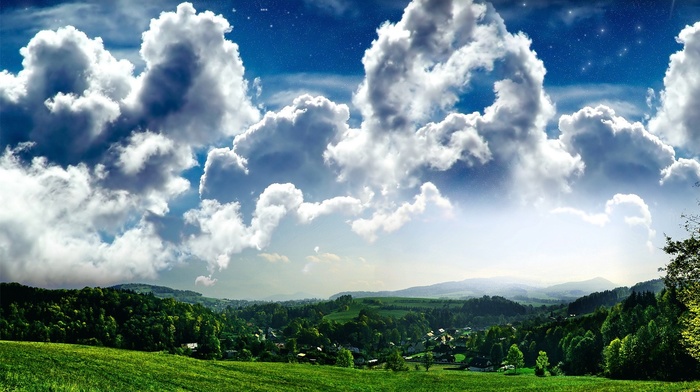 grass, clouds, sky, nature