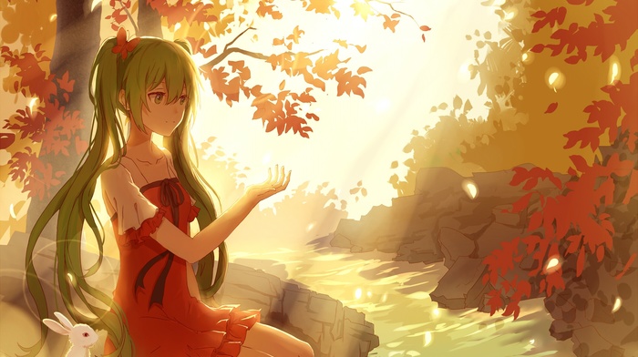 long hair, Vocaloid, water, anime, Hatsune Miku, trees, butterfly, anime girls, forest, ribbon, rabbits, red dress, twintails, flower petals